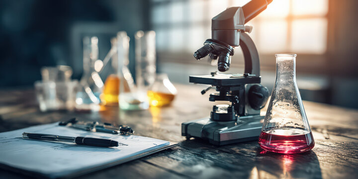 Scientific research concept with microscope and chemical glassware on vintage lab table