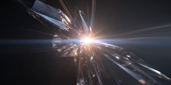 Abstract shattered crystal structure with bright central light source and lens flare - Powered by Adobe