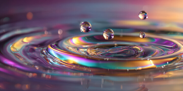 Abstract colorful iridescent water splash with falling drops and ripples