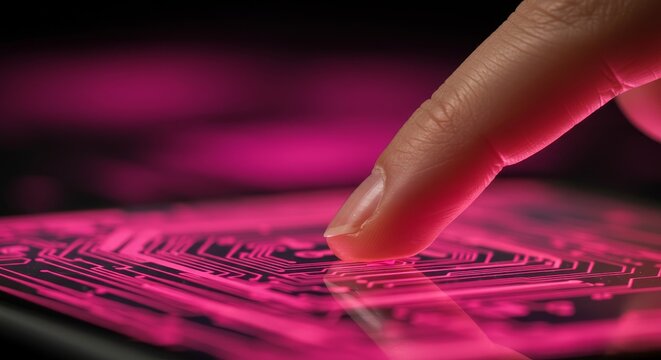 Woman finger touching a pink glowing circuit board pattern on a reflective surface. Futuristic technology and digital connection concept for interface.