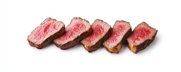 Juicy Medium-Rare Steak Slices on White, Isolated, Grilled , Beef