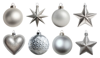 PNG Elegant silver holiday ornaments, element set on transparent background