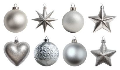 PNG Elegant silver holiday ornaments, element set on transparent background