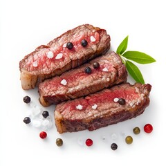 Obraz premium Juicy Rare Steak Slices with Salt and Pepper, Culinary, Food photography