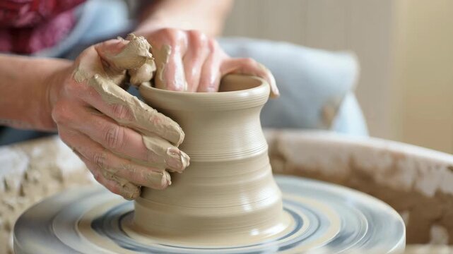 Potter shaping clay on spinning wheel, hands crafting ceramic pottery, artisan working with wet clay on pottery wheel, handmade craftsmanship in ceramics studio, traditional pottery making