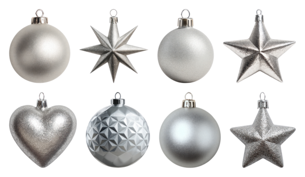 PNG Elegant silver holiday ornaments, element set on transparent background