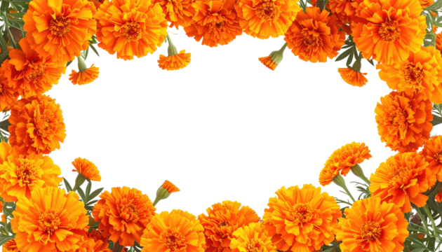 A vibrant, close-up border of vivid orange flowers encircling a black, transparent center, perfect for framing - Powered by Adobe