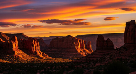 Fototapeta premium Golden light bathes majestic desert rock formations at sunset