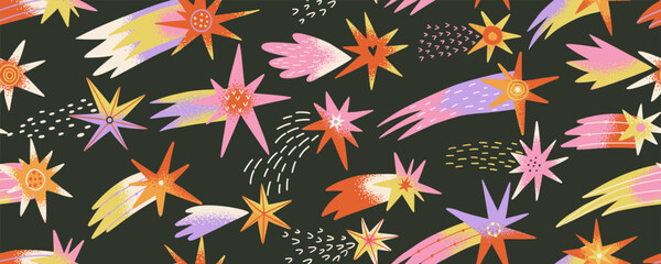 Seamless pattern with shooting stars, comet, falling lights, twinkling. Space elements. Cartoon style objects with textures. Isolated elements, design templates. Hand drawn vector illustration