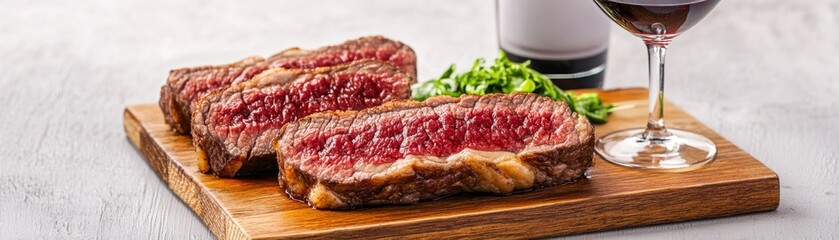 Obraz premium Juicy Sliced Steak with Red Wine, Food photography , Gourmet