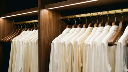 Hyper-realistic animation luxury walk-in closet wardrobe interior row of white shirts on wooden hangers under warm lighting