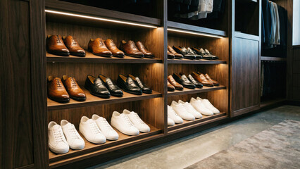 Hyper-realistic animation luxury walk-in closet wardrobe interior shoe shelves with organized leather shoes and sneakers