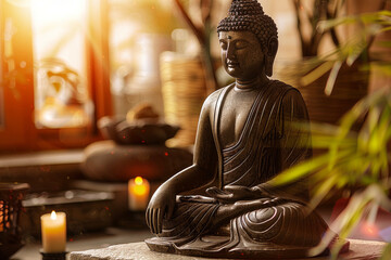 buddha statue meditating in warm sunlight with lit candles and natural background