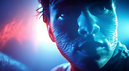 Cinematic cyberpunk portrait of a futuristic man with textured digital skin and neon lighting - Powered by Adobe