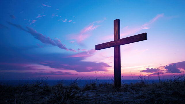 silhouette of christian wooden cross at twilight with dramatic purple and blue sunset sky - Powered by Adobe
