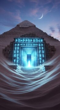 Mysterious glowing figure exits ancient pyramid with futuristic runic symbols. Portal to another dimension or alien technology.
