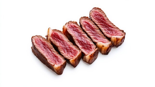 Perfectly Cooked Sliced Steak Juicy Medium Rare Beef on White, steak, meat
