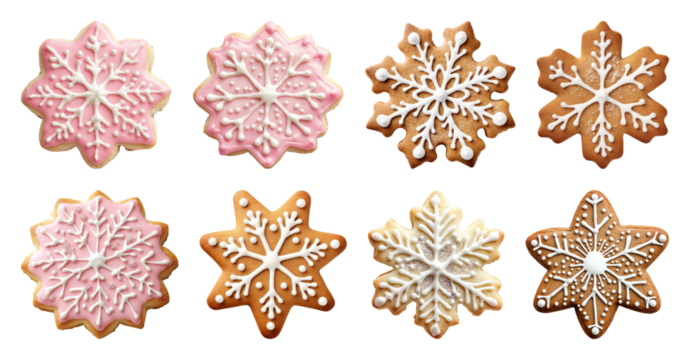 PNG Colorful snowflake cookies beautifully decorated, element set on transparent background