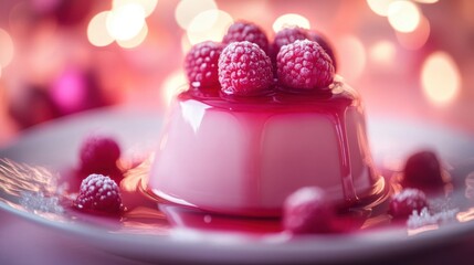 A delectable raspberry panna cotta dessert, adorned with fresh raspberries and a luscious raspberry sauce, set against a soft, bokehlit backdrop
