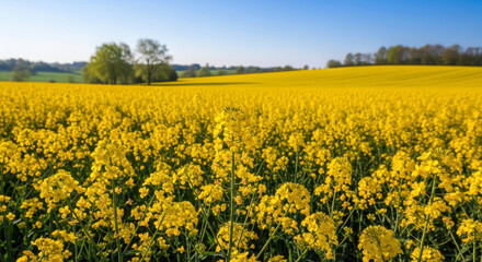Obraz premium Vibrant Yellow Canola Flowers in a Sunny Spring Landscape