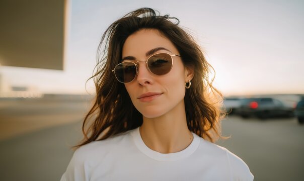 A stylish young woman in sunglasses stands outdoors at sunset, exuding confidence