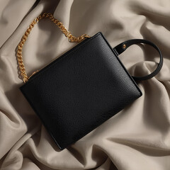 Black Leather Clutch Bag Mockup on Beige Fabric