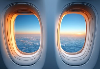 Fototapeta premium Passengers enjoy breathtaking views of clouds and sunset from airship windows