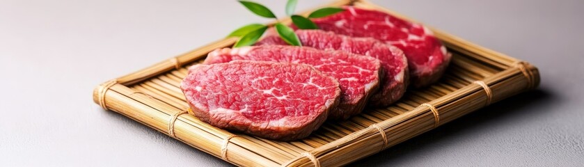 Fototapeta premium Raw Beef Slices on Bamboo Tray, Culinary , Gourmet