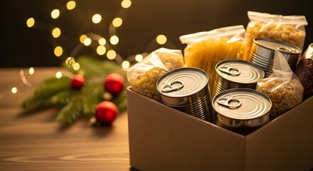 Obraz premium Cardboard box filled with non-perishable food items, with festive Christmas lights and decor, representing a holiday charity and volunteer program concept