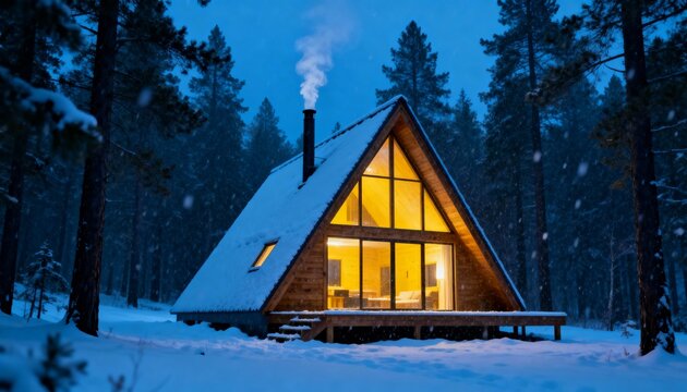 A-frame wooden cabin in pine forest during snowstorm with warm light at blue hour architectural view