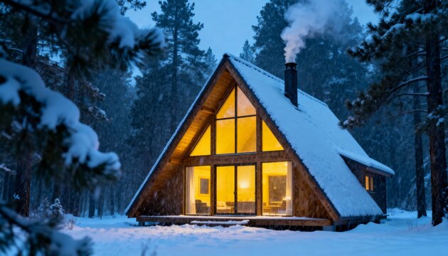 A-frame wooden cabin in pine forest during snowstorm with warm light at blue hour architectural view