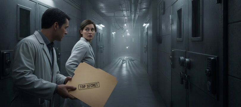 Man and woman scientist holding top secret folder in dark, mysterious corridor. Conspiracy theory, sci-fi, and paranormal research concept. - Powered by Adobe