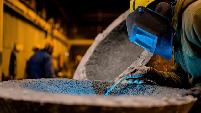 Medium shot of a worker applying refractory material inside a pouring ladle focusing on careful lining repair in an industrial foundry setting.