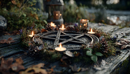 Pentagram with tealights, suitable for seasonal rituals, Yule