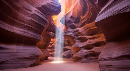 Sunbeam illuminating the sandstone walls of a slot canyon