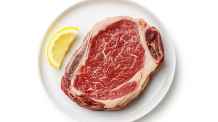 Raw Ribeye Steak on Plate with Lemon,Food ,Meat