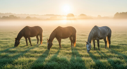Three Horses Grazing in a Misty Meadow at Sunrise