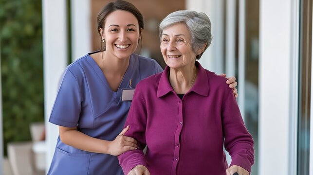A nurse helps a senior woman walk, both smiling in a nurturing care facility