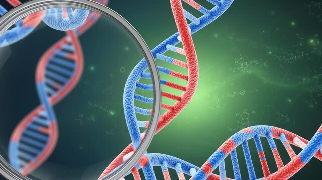 Close up of DNA double helix structure magnified by a lens on a dark green background with glowing particles