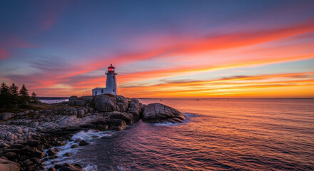 Dramatic coastal sunset with a towering lighthouse and colorful sky