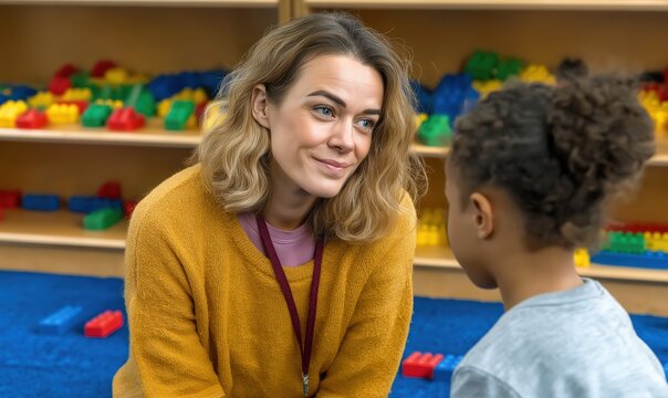 A teacher interacts with a young girl while playing with blocks, fostering creativity and learning