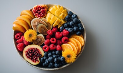 A colorful display of assorted fruits in a round bowl on a neutral background