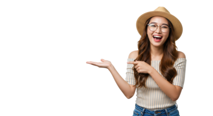 Early 20s asian woman in fedora, eyeglasses, striped top, blue jeans, laughing, pointing, and presenting on a transparent studio background concept for advertising campaign