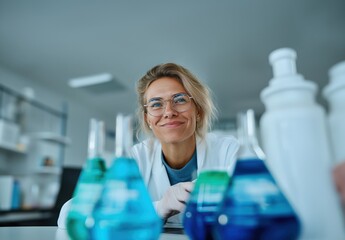 A confident female scientist works with various colorful beakers in a lab