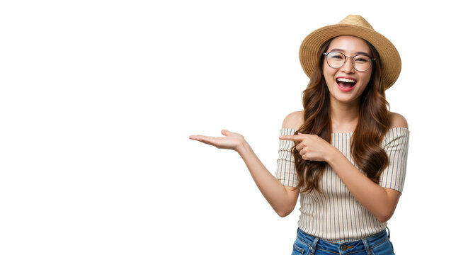 Early 20s asian woman in fedora, eyeglasses, striped top, blue jeans, laughing, pointing, and presenting on a transparent studio background concept for advertising campaign - Powered by Adobe