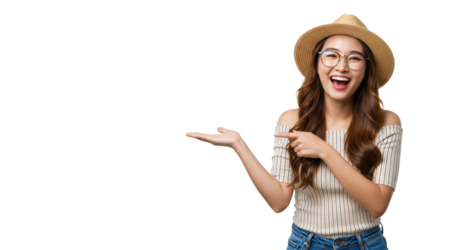 Early 20s asian woman in fedora, eyeglasses, striped top, blue jeans, laughing, pointing, and presenting on a transparent studio background concept for advertising campaign