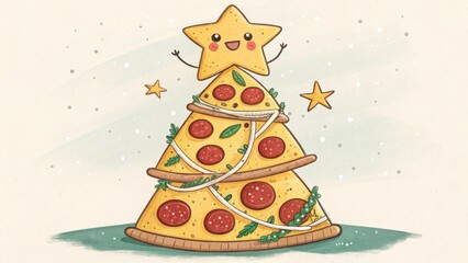 Cartoon pizza slice Christmas tree illustration with a smiling star on top, decorated with toppings and festive elements, creating a whimsical holiday atmosphere
