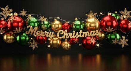 Glossy baubles in red, green, and gold adorn a festive Christmas banner with sparkling snowflakes, creating a vibrant holiday atmosphere with copy space