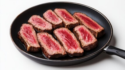 Obraz premium Sliced Beef Steak Medium Rare in Pan, Cooking , Meat