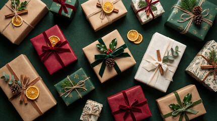 Christmas gifts on green background